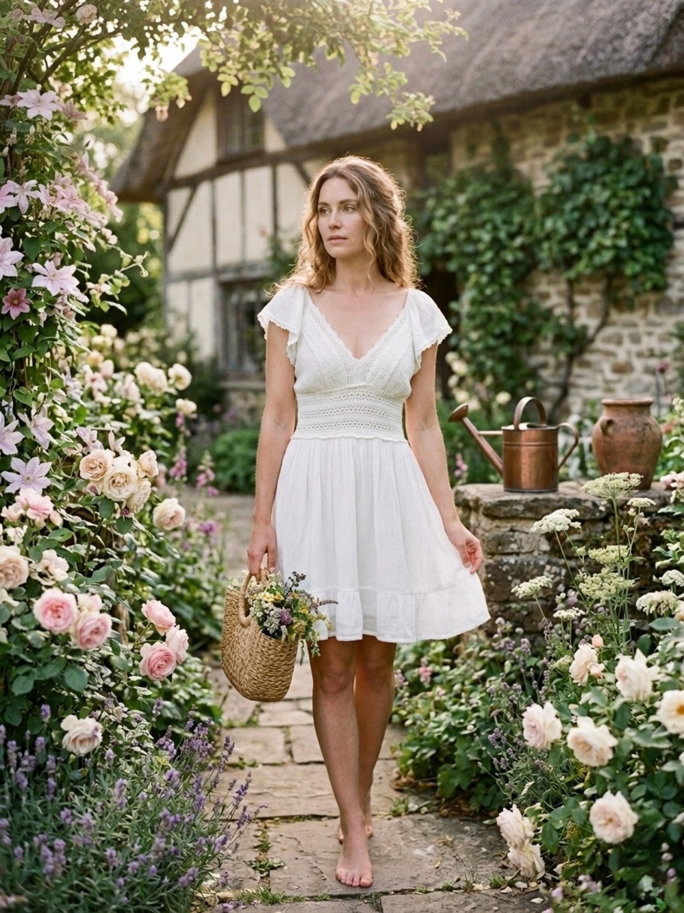 Angie Boho White Crochet Lace Milkmaid Mini Dress Cottagecore Peasant L